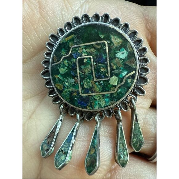 Vintage Mexico Sterling Silver & Turquoise Pendant Brooch Geometric EXCELLENT - Picture 1 of 8